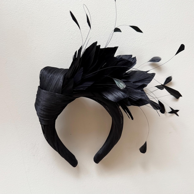 May include: A black headband featuring a wide, wrapped fabric band and an elaborate arrangement of black feathers. The design includes dense, layered feathers on one side, accented by several thin, wispy stems extending outward from the main cluster.