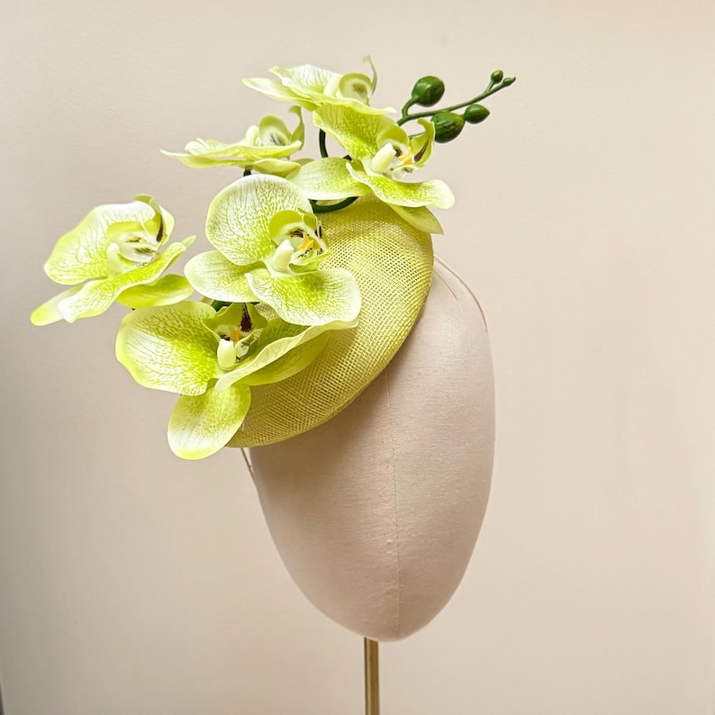 lime green Orchid pillbox hat statement sinamay fascinator for weddings and races image 4