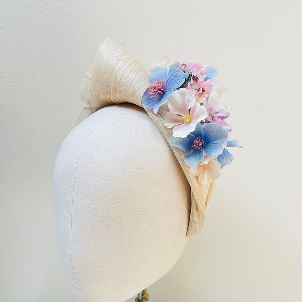 Cream fascinator headband, blossom ivory silk  abaca high end turban  headpiece, crown, wedding , mother of bride ascot, derby races