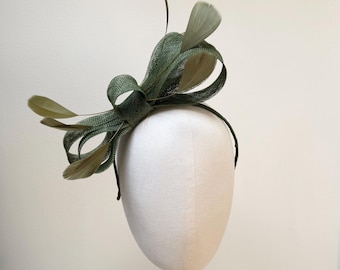 Olive Green Sinamay Feather Fascinator Headband, Wedding Guest