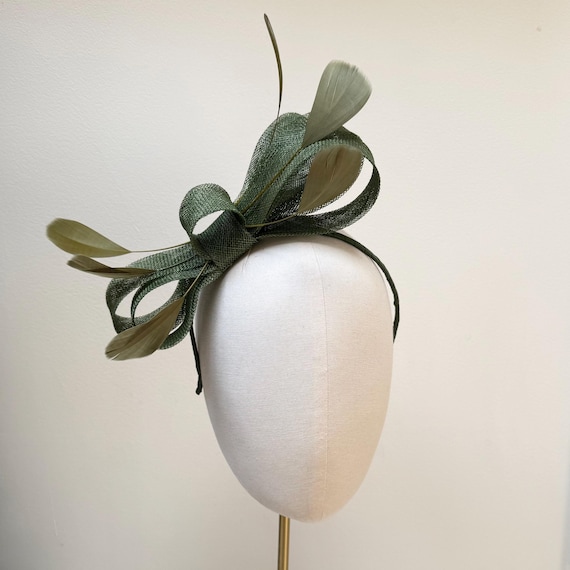 Olive Green Sinamay Feather Fascinator Headband, Wedding Guest