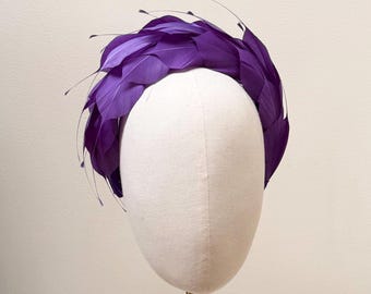 Purple Feather Fascinator Headband, Silk Halo, Wedding Headpiece