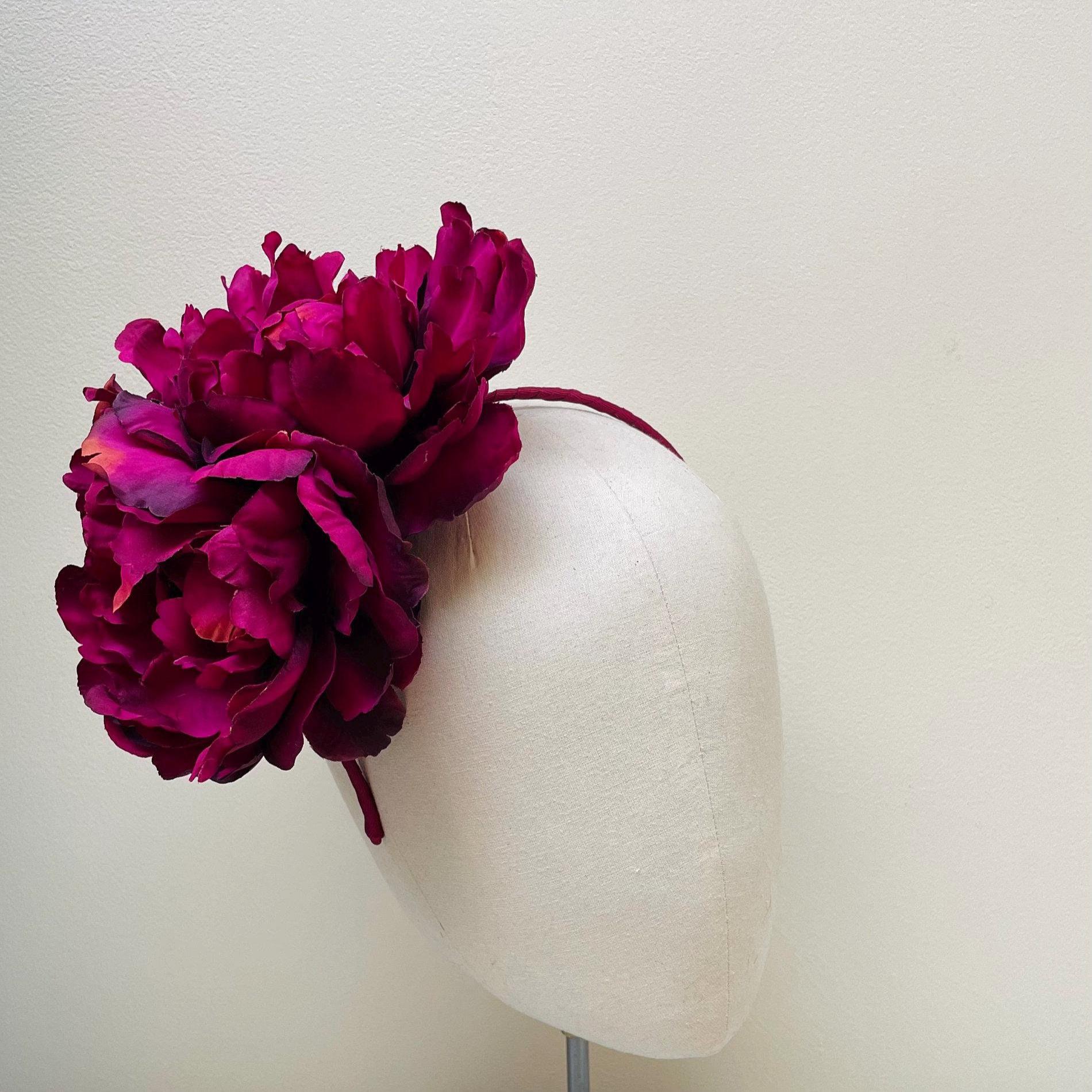 Burgundy magenta flower Fascinator headband, side peony statement Headpiece.Wedding guest, mother of bride, ascot, derby races, ladies day