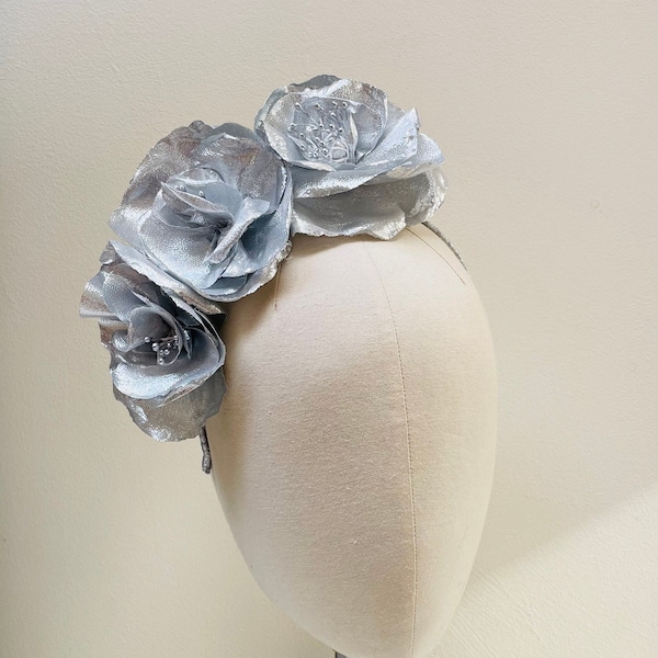 Silver fascinator crown, Metallic Rose Flower headband, silver tiara head piece, corsage halo unique statement  Wedding, Races, Festival.