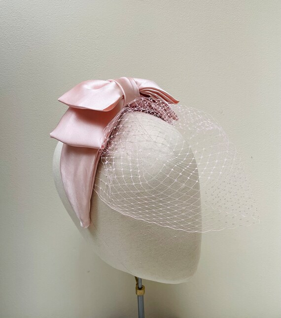 Pink Silk Satin Bow Headband, Handmade Wedding Guest  display picture 1