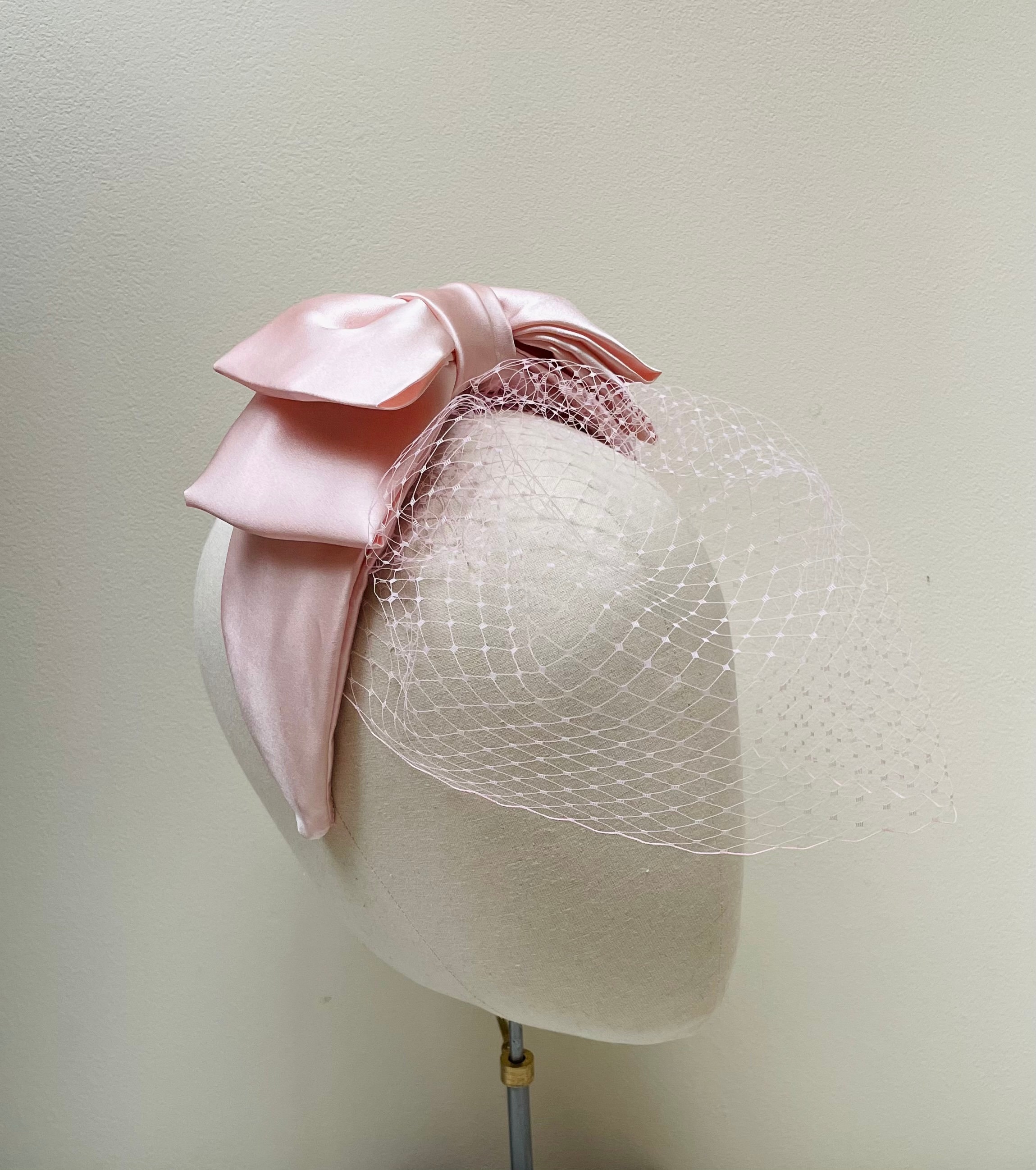 Pink Silk Satin Bow Headband, Handmade Wedding Guest  display picture 2