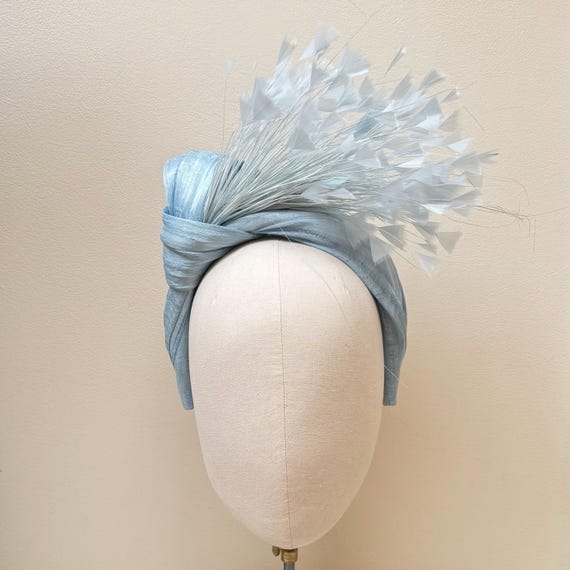 Light Blue Feather Fascinator Headband, Silk Abaca Headpiece  display picture 2