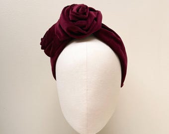 Diadema de terciopelo burdeos con rosas, tocado de flores rojo vino, estilo vintage