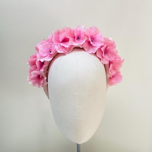 Pink Flower crown fascinator headband, Candy pink Ombré Hydrangea, candy silk covered head crown ,Luxury statement wedding, races, festival