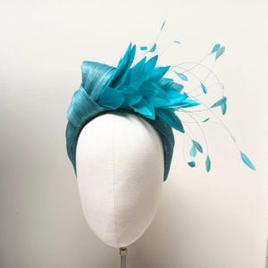 Teal Turquoise fascinator headband, luxury feather, silk abaca headpiece, mother of bride, Gala, races, wedding guest