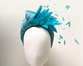 Teal turquoise Feather Fascinator Headband, Silk Abaca, Wedding Races