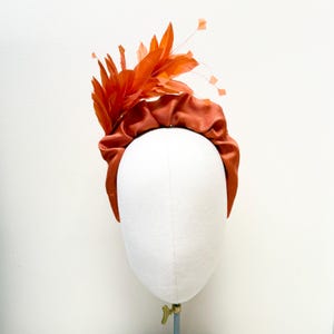 Burnt Orange feather headband fascinator luxury covered headband ruffle handmade Hairband,rust copper, wedding,Mother of bride races,