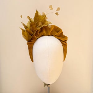 Gold feather fascinator headband,luxury mustard tan gold velvet ruched headpiece,mother of the bride, wedding guest, race day,occasionwear