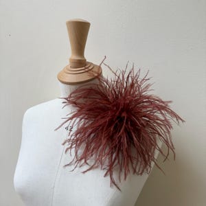 rust brown ostrich feather brooch, large statement lapel pin, red brown rust modern feathered clip pin, wedding guest luxury accessory