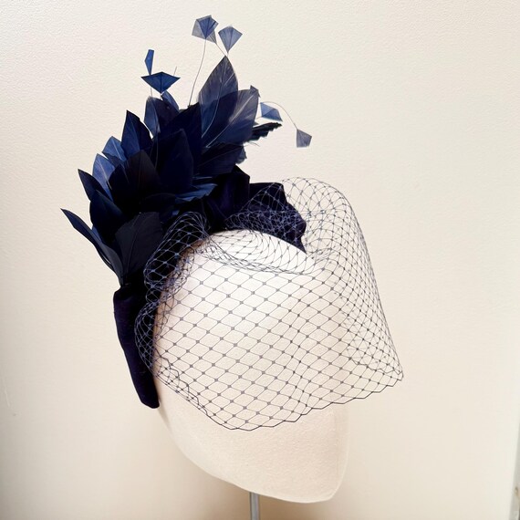 Velvet Fascinator Headpiece with Veil Netting and Feathers for Weddings Black Wool Felt Fascinator With Velvet Decoration and  main image 2