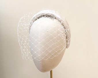 Ivory Silk Padded Halo Headband, Beaded pearl or diamonte Blusher Veil Wedding Fascinator