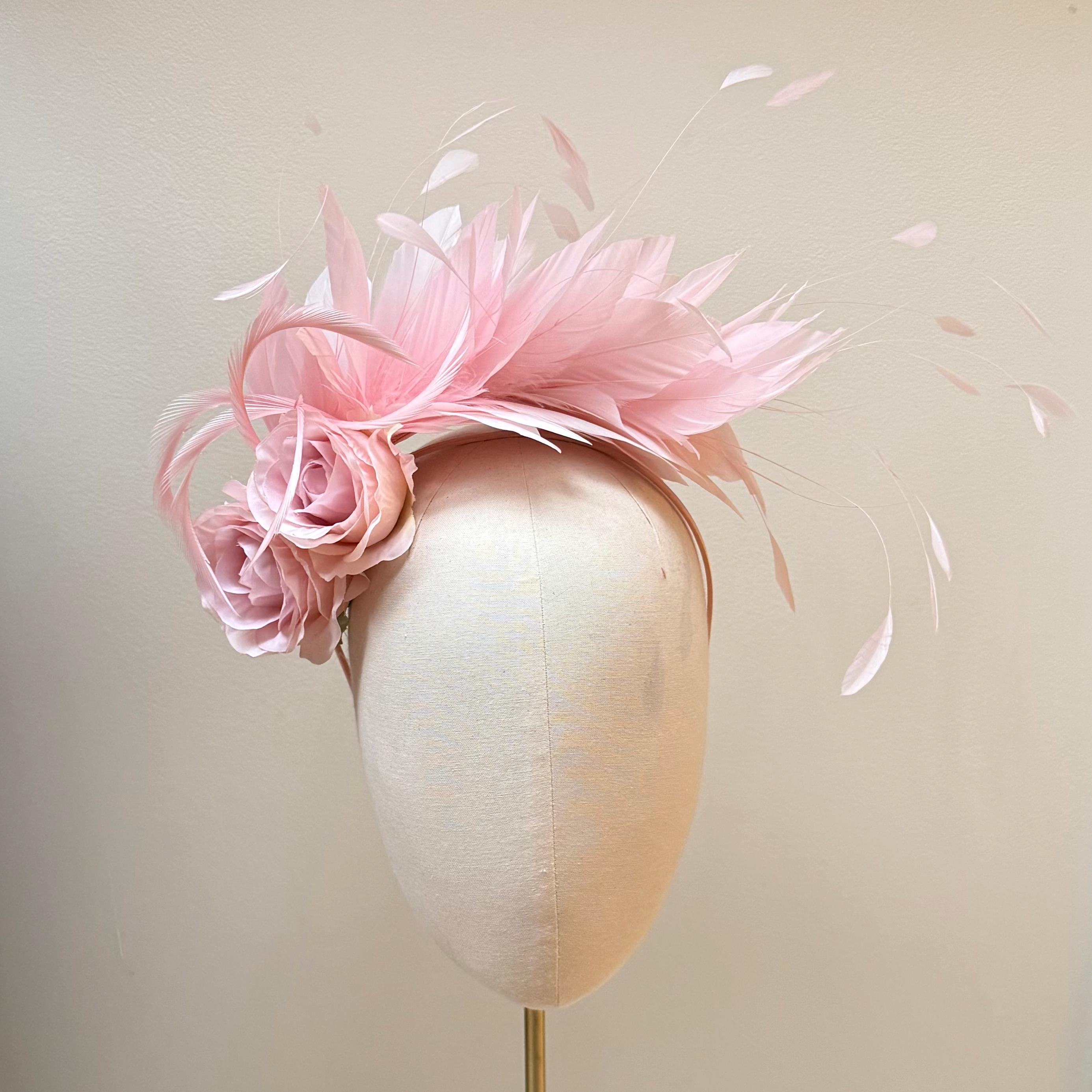 Pink Feather Fascinator With Roses, Candy Bubblegum Pink  display picture 2