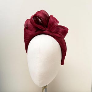 Burgundy red wine fascinator headband headpiece, loop bow  High end millinery fine abaca straw wedding guest,mother of bride,race day