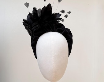 Black velvet Feather Headband Fascinator: Wedding Races occasion accessory