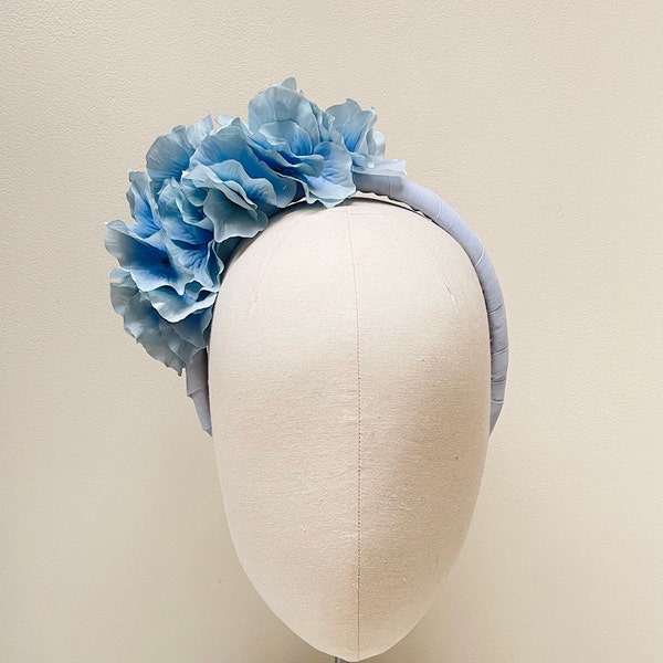 Blue Hydrangea headband Fascinator, pale dusky blue flower crown, wedding, races, uk Handmade