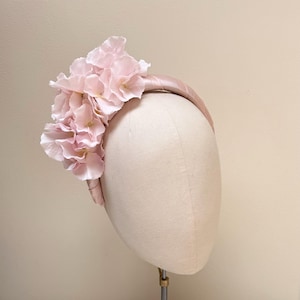 Pink fascinator Headband hydrangea crown, light pink silk covered Halo band, statement headpiece, wedding guest, races, festival fashion