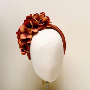 Rust brown hydrangea Fasciantor headband, side cluster halo headpiece, mother of the bride, wedding guest, race day