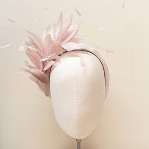 pale pink feather fascinator headband, side feather crown  embroidered covered band, Mother of bride wedding guest Ascot derby Melbourne cup