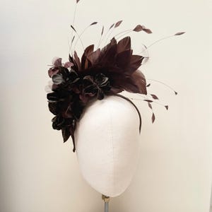 brown feather flower fascinator headband, chocolate velvet silk flower headpiece, mother of the bride, wedding guest, race day