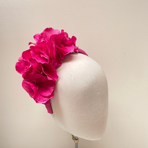 Hot Pink hydrangea headband,side cluster flower Fascinator, fushia Handmade crown, Romantic cluster headpiece  wedding, races, festival