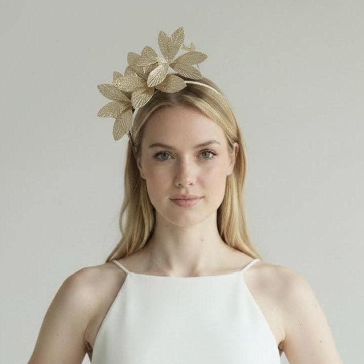 Gold Leaf Flower Headband, Metallic Silver Corsage, Handmade Races Headpiece