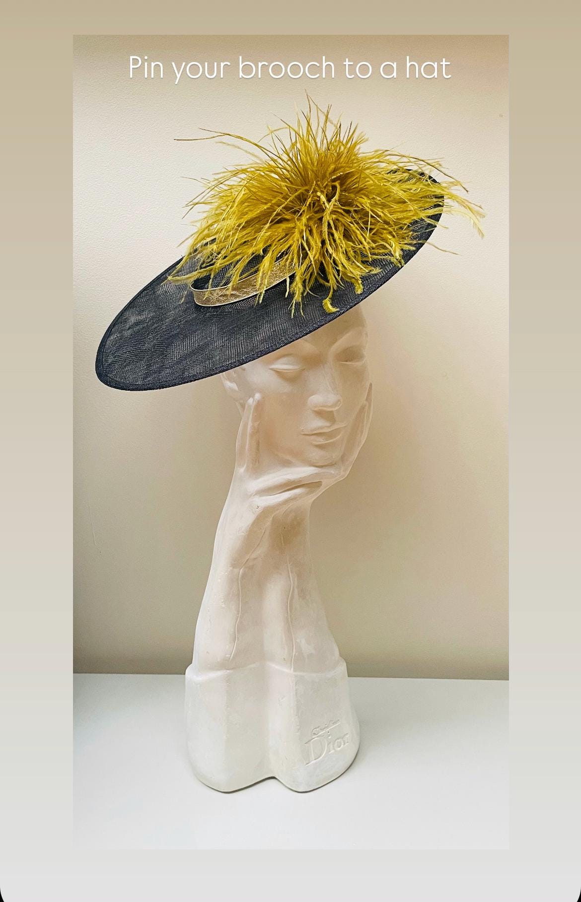 Gold Chartreuse Ostrich Feather Brooch, Handmade Corsage Pin  display picture 2