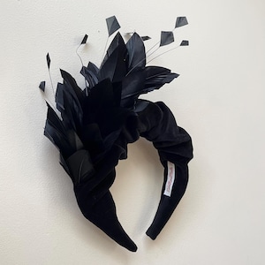 Black velvet Feather Fascinator Headband,  Padded halo ruffle Headpiece Wedding Guest Races, mother of bride, funeral, ladies ascot race day