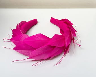 Fushia Pink Feather Fascinator Headband,hot pink Silk Crown, Wedding Guest races
