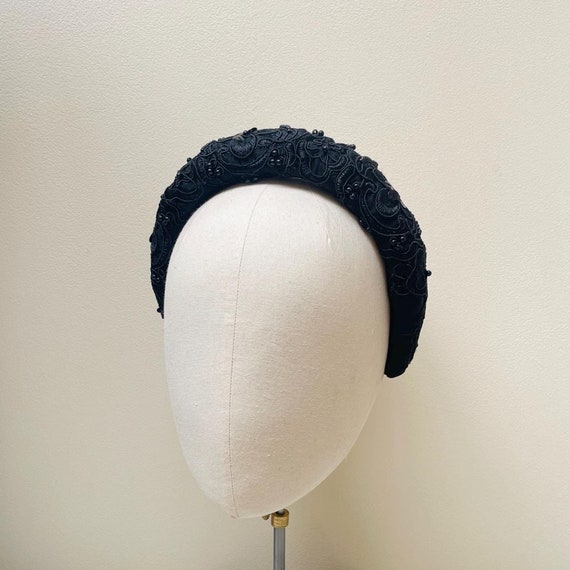 Black Silk Padded Headband, Beaded Lace Embellished Halo  display picture 1