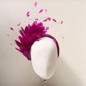 Fushia magenta feather fascinator headband, pure silk headband, glamour headpiece, mother of pride, wedding guest, gala, race day