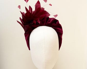 Burgundy Velvet Feather Fascinator Headband,wedding  guest and Races Headpiece