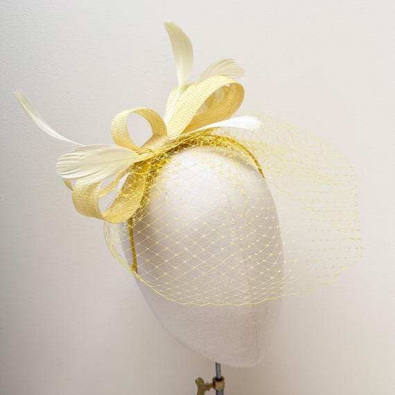 Yellow Sinamay Fascinator Headband, Bow Loop, Race Day Headpiece