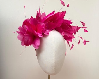 Fuchsia Pink ombré Feather Flower Fascinator Headband,  Poppy Derby ascot wedding Headpiece
