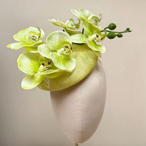 lime green Orchid pillbox hat statement sinamay fascinator for weddings and races image 3
