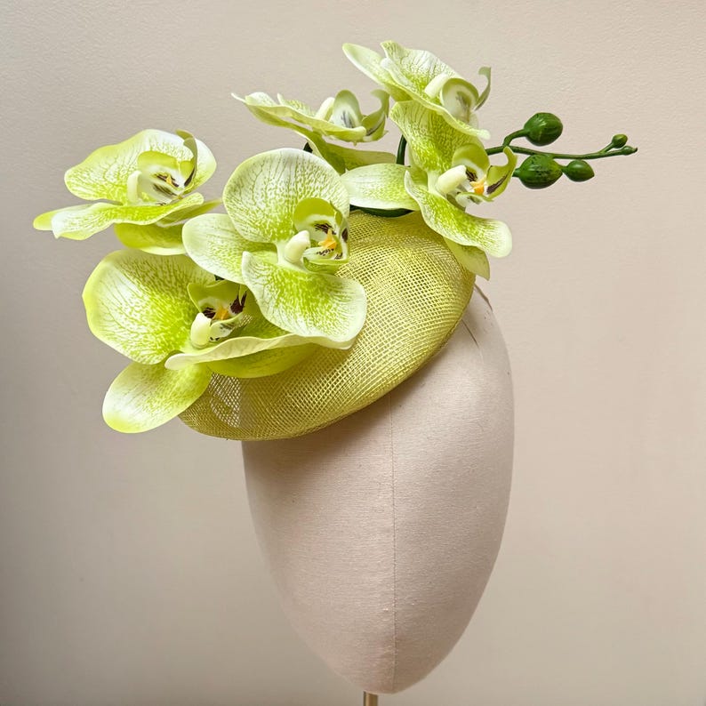 lime green Orchid pillbox hat statement sinamay fascinator for weddings and races image 3