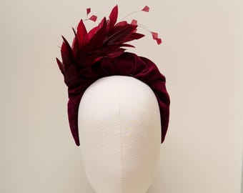 Burgundy feather fascinator headband, real velvet padded halo ruffle puffy headband, maroon headpiece,wedding guest,mother of bride,race day