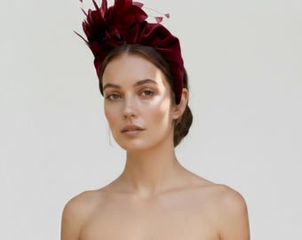 Burgundy Velvet Feather Fascinator Headband,wedding  guest and Races Headpiece