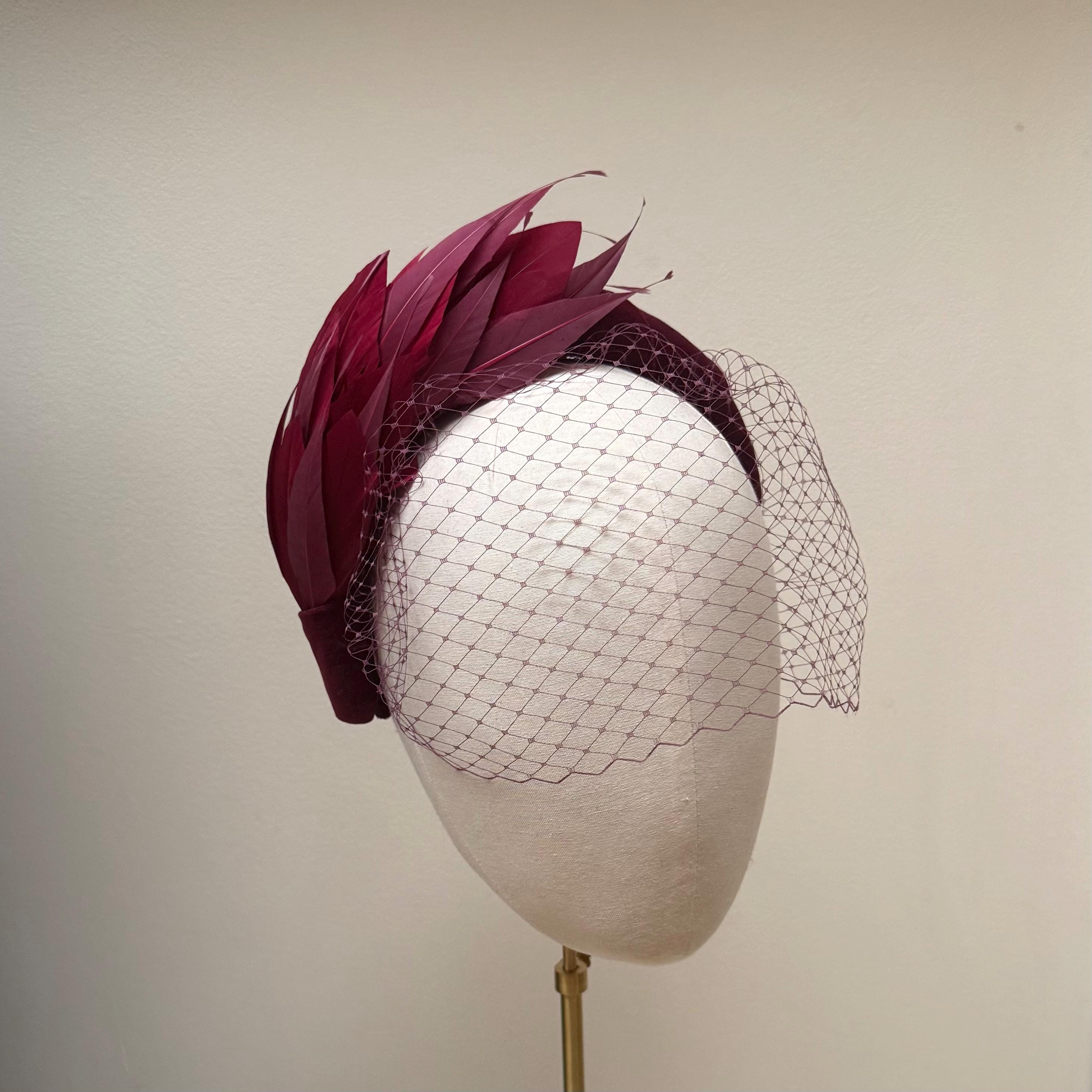 Burgundy Velvet Feather Fascinator Headband, Handmade Races  display picture 2