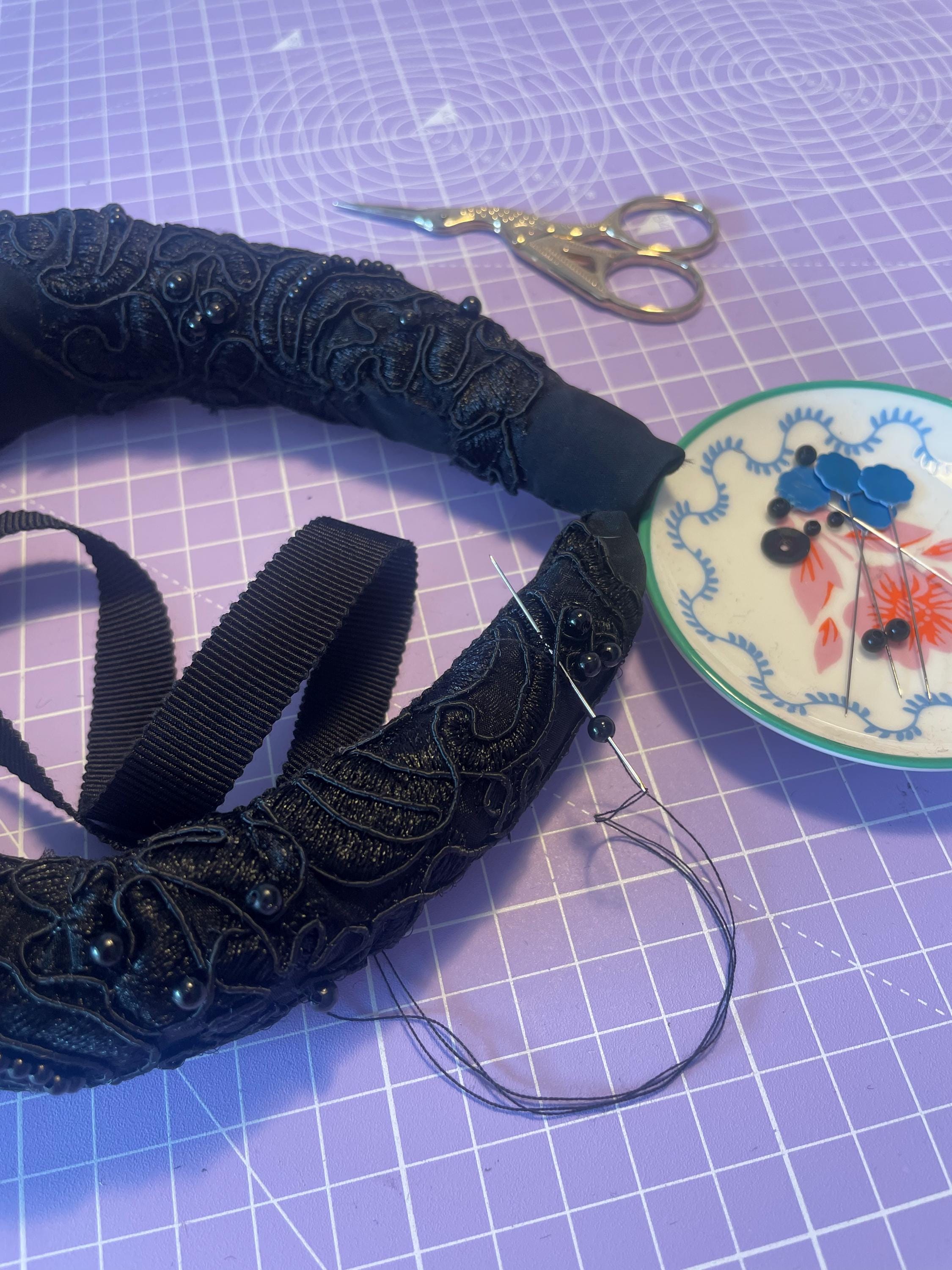 Black Silk Padded Headband, Beaded Lace Embellished Halo 