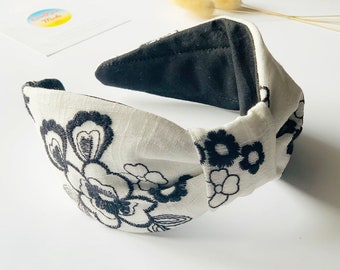 Embroidered headband, white and black floral embroidered aliceband ,turban headband , luxury unique sustainable headband, uk handmade