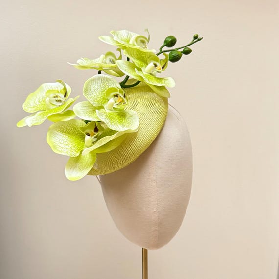 lime green Orchid pillbox hat statement sinamay fascinator for weddings and races