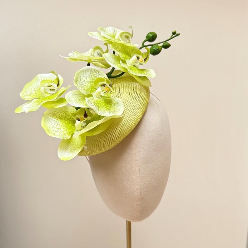 lime green Orchid pillbox hat statement sinamay fascinator for weddings and races image 1