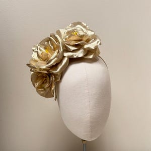 Gold fascinator headband, metallic flower corsage rose head crown.Headpiece. Wedding guest, Mother of then bride, women’s race day, festival