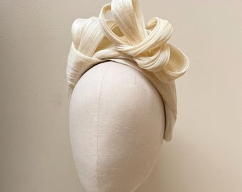 Ivory Silk Abaca Fascinator Headband, Handmade Turban Headpiece for ascot derby or weddings