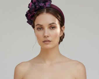 Plum Hydrangea Flower Crown Fascinator, Silk Satin Headband